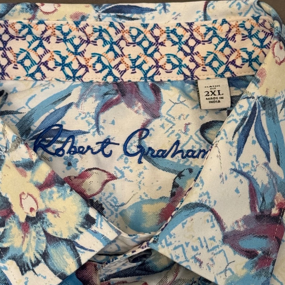 Robert Graham Durkin Mens 2XL Blue Floral Orchid Short Sleeve Button Down Shirt - Picture 3 of 9